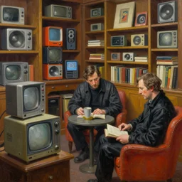 cozy waldenbooks. vantablack cloth technology, vintage shapes, retro technology, happy colors dariusz zawadzki, tim hildebrandt, wayne barlow, bruce pennington, larry elmore, oil on canvas, deep depth field, masterpiece, cinematic composition. dramatic zoom, hyperdetailed, hd, hdr