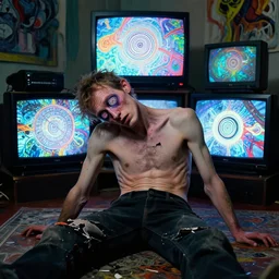 depraved and spiritually broken skinny man with spiral trippy eyes dazed and broken down by years of mind control propoganda, tv screens behind him, weird abstract art in the style. of ben garrison and wil hughes, trending on artstation, ultra 8 k