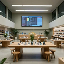 (2050s Microsoft brutalist retail interior. Mobile phones. large oak tables, empty stools, fragrant plants, large digital screens) muted palette, architectural photography, wide shot, XF IQ4, 14mm, f/1.4, ISO 200, 1/160s, 8K, RAW, unedited, symmetrical balance