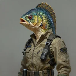 epic professional digital photo of female human - fish hybrid animal wearing air force jumpsuit, humanoid scaly fish head, airbrush painting, by neal adams and joelle julie, artstation, cgsociety, wlop, epic, much wow, much detail, gorgeous, detailed, cinematic, masterpiece