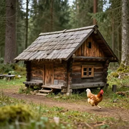 a medieval wood cabin running on with chicken legs through the Black Forest, 20mm Leica photograph