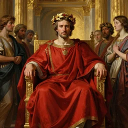 beautiful oil matte portrait painting, steve buscemi in royal crimson robes enthroned as the god emperor of ancient rome surrounded by servants in gilded halls a golden wreath upon his head, art by anders zorn, wonderful masterpiece highly detailed, beautiful cinematic light deep focus, elegant, digital painting, smooth, sharp focus, golden ratio, dramatic illumination, ultra realistic, 8 k, art by artemisia lomi gentileschi and caravaggio