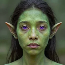 a person with an earthy green skin tone and horizontal elf ears, digital art, incredible detail, perfect facial proportions, perfect lighting, fantasy / alternate history, dark hair, purple eyes, mundane, ordinary, national geographic vibes, documentary, a species from another world