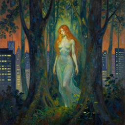 forest spirit lost in a metropolis. this art noveau painting by the award - winning artist has dramatic lighting, an interesting color scheme.