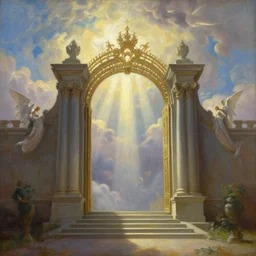 detailed oil painting of the gates of heaven, godrays coming from the clouds, angel figures in the distance, stairs leading up to the gate