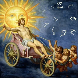 Tragic Portrait of Phaethon the Demigod losing control of the reins of the chariot chariot that is the sun careening through the zodiac filled stratosphere. norman rockwell guillem h. poniluppi howard pyle Ilya Repin Michelangelo Buonarotti Leonardo Da Vinci rodin greg rutkowski james gurney. tombow masterpiece fresco watercolor grisaille quadratura Trompe-lœil