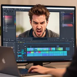 man very angry at video editing software crashing and making him lose a lot of time, digital art, artstation