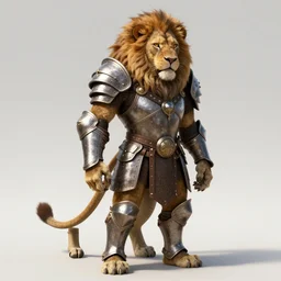 Humanoid lion with medieval armor standing on two legs, fantasy, trending on artstation, realistic, digital art