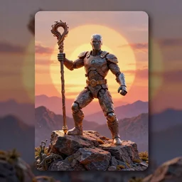 a human made of rock holding a staff!, sunset on top of a mountain, front game card, marvel comics, light, intricate, highly detailed, smooth, artstation, digital illustration by ruan jia and mandy jurgens and artgerm and wayne barlowe and greg rutkowski and zdislav beksinski