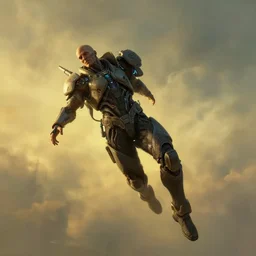 cyberpunk man, floating at zero gravity in epic pose, long shot, atmospheric lighting, painted, intricate, golden hour, ultra detailed by peter gric, giger, enki bilal