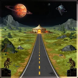 next to a road, leading to a remote outpost, on an alien planet, from a space themed point and click 2 d graphic adventure game, set design inspired slightly by hg giger and tomb raider, art inspired by thomas kinkade and bill alexander
