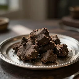feces on a silver platter, food photography, macro, blurred background