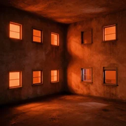 a room in a brutalist building with small windows, orange neon lights, dramatic lighting, hyper realistic, photography, 3 5 mm, kodak film, 8 k, cg render, octane render, unreal engine render