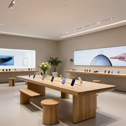 (2050s bulbous Microsoft Zaha Hadid Zaha Hadid retail interior. Mobile phones. large oak tables, empty stools, fragrant plants, large digital screens) muted palette, architectural photography, wide shot, retaildesignblog.net, 14mm
