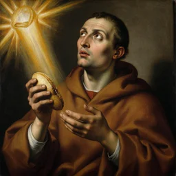 the monk looks up, holds bread in his hands, divine light, by aurelio bruni, 2 1 th century, art, oil on canvas, wet - on - wet technique, highly realistic, expressive emotions, intricate textures, illusionistic detail, 4 k