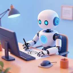 lofi robot drawing at his desk, stylized, 3 d artstation