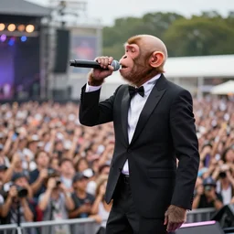a bald monkey wearing a suit singing into a microphone whilst performing to a large crowd at an outdoor concert