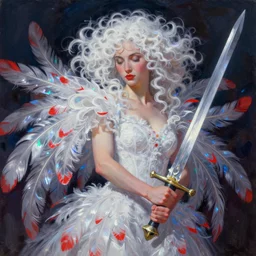 a painting of a woman who made of curly white and transparent feathers with red edges is holding a sword, a digital painting by peter mohrbacher, trending on artstation, metaphysical painting, speedpainting, made of feathers, digital painting, holographic undertones, highly saturated colors, 4 k, digital art, concept art, trending on artstation