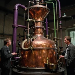 a super high resolution film still of machine apparatus for making snake oil, huge copper machine with purple and green intricate pipework, art by andrey remnev, and bruce pennington, directed by denis villeneuve, cinematography by robby muller, fine detail, kodachrome 8 k, snake machine, cinematic lighting