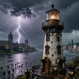 closeup photo, a steampunk lighthouse keeper, lighthouse, a dark storm closes in over a river, lightning and rain, fantasy vista, huge crowd running in the rain, baroque gothic victorian city vista