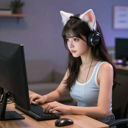 cute woman wearing tank top and cat ears plays on computer, sims 4 graphics style
