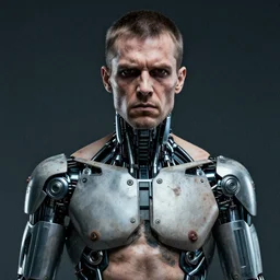 grainy photo of an ugly man, wearing bionic implants, wearing bionic implants, robot criminal