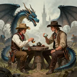 Tea ceremony between a Western cowboy and a dragon, high fantasy concept art by Peter Mohrbacher
