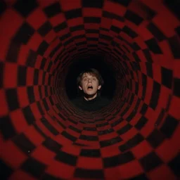 a warped tunnel of irregular red and black checkerboard pattern drowns out a desperate voice, film still of a movie directed by Zdzisław Beksiński