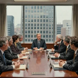 cinematic view of politicians arguing at a large boardroom table in front of a skyscraper window by jorge jacinto, depth of field, sharp focus, orwellian art style, intricate, high detail, digital painting, ultra realistic, cinematic lighting, artstation, 3 5 mm film grain