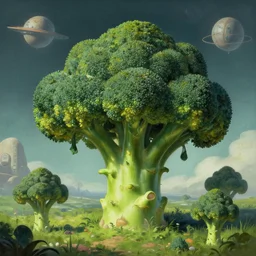 A strange giant broccoli biome and on an alien science-fiction planet, beautiful matte painting, Moebius, frank frazetta, sid mead, james gurney, thomas kinkade, rodney mathews, trending on artstation