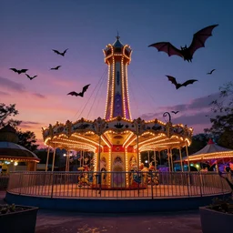 a haunted amusement park, magic hour, bats are flying,
