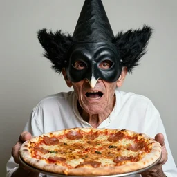 portrait photo of an old wrinkled man, skinny face, bony face, long crooked nose, large gaping mouth, black pulcinella mask, masquerade mask, pointy conical hat, white wrinkled shirt, holding up a pizza, presenting a large pizza, close - up, skin blemishes, menacing, intimidating, masterpiece by jimmy nelson