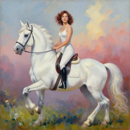 An oil painting of Cass Elliot riding a unicorn, magnificent colors