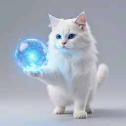 a powerful goddess white fluffy cat floating with a glowing orb of blue power in her hand, trending on artstation, colourful, powerful, dark, mysterious, maximalist, full body shot, japanese, unreal engine 5, fire in her body and ice everywhere, a nebula background, a army of photorealistic zombies behind her as her army, 8 k