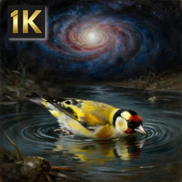 painting of a goldfinch drowning in a river of nightmares, in the background you can see the universe. by theodore gericault, realistic oil painting, 4 k, studio lightning, award winning, very detailed shadows