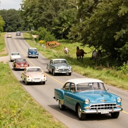 cars from the 1 9 5 0's and 1 9 6 0's, driving in the country with trees and horses, various colors and models, in style of haddon sundblom