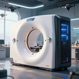 ( cyberpunk 2 0 7 7, bladerunner 2 0 4 9 ), a beautiful elegant computer case cybernetic symbiosis hybrid mri 3 d printer machine making a bio chemical lab, shiny knobs, amazing, fantastic, natural light in room, drone camera lens orbs, global illumination, octane render, architectural, f 3 2,