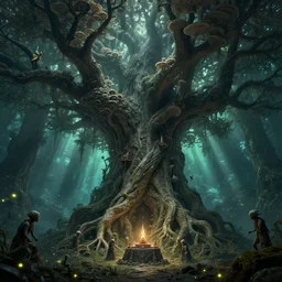 world tree, massive tree, tree, roots, treant, subtle patterns, intricate texture, highly detailed, alien world, fungal, underwater, light shafts, light diffusion, natural, fireflies, magical, magical tree, fungal growth, fractal fungus, mushroom fractals, tree house, fairies, fairy forest, machine elves, forest portal, cultists, cult ritual, sacrifice, altar, sacrificial altar, cult of death, surreal