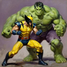 Wolverine in battle with Hulk by Frank Frazetta and by Joe Jusko, oil painting, detailed, proportional, trending on art station, 4k