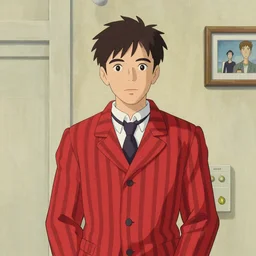 artwork by Michael Whelan, Bob Larkin and Tomer Hanuka, of a solo individual portrait of Joseph Gordon-Levitt wearing a 1920s red striped outfit, dapper, simple illustration, domestic, nostalgic, full of details, by Makoto Shinkai and thomas kinkade, wes anderson, wes anderson, wes anderson, wes anderson, wes anderson, Matte painting, trending on artstation and unreal engine
