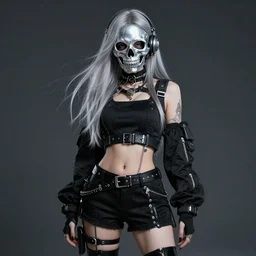 very cool girl brilliant silver hair girl wearing a silver sugar skull mask techwear cyberpunk style outfit full body nose piercing detailed portrait intricate comp