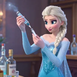 elsa from frozen injecting vaccine in a room, liquor bottles