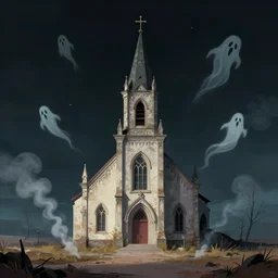 An illustration showing an old church in the middle of nowhere, and ghost like stuff flying around it with a dark background behind it and smoke pouring out
