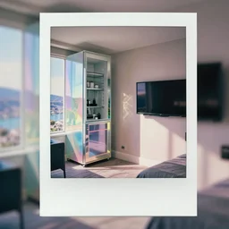 a pastel coloured polaroid photo of a hotel mini fridge, mirror, tv, surface, window, view in a hotel room in a dream state alien world. iridescent perspex.