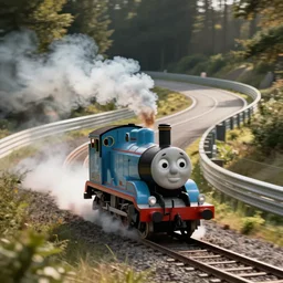 Thomas the Tank Engine, drifting around a corner, smoke trailing out the back, on the race track at the Nurburgring Nordschleife setting a hot lap, not train tracks