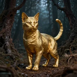 metallic gold cat in the gnarly forest at night by tom bagshaw, mucha, karl kopinski, trending on artstation, 8k, denoised, crisp, hd