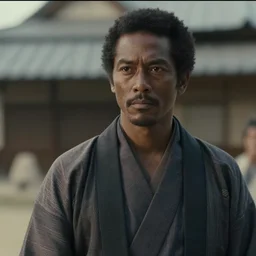 a film still of a black man starring in a japanese blockbuster film as yoshimitsu, shallow depth of field, cinematic, award winning cgi, vfx, film still