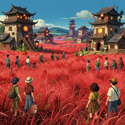 red grass, village, crowd of people, chinese architecture, steampunk!!!! grainy texture, infographic with illustrations, glowing lights, epic fantasy, colorfully, digital art, highly saturated colors, concept art, detailed illustration, hd, 4 k, digital art, greg rutkowski, dan mumford, studio ghibli trending on artstation