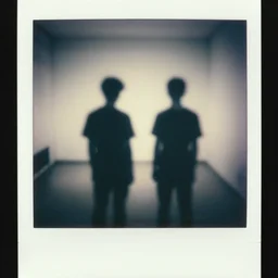 monochromatic photo of two teens in an empty room, extremely blurry, ghostly haze, free lens, polaroid border, vignette and silhouette