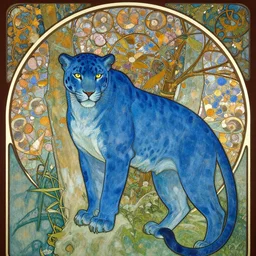 god of nature, blue panther, in a style of mucha